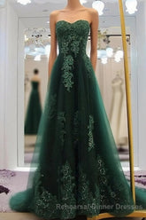 Sweetheart Long Lace Green Sweep Train Lace Up Semi Formal Prom Dresses